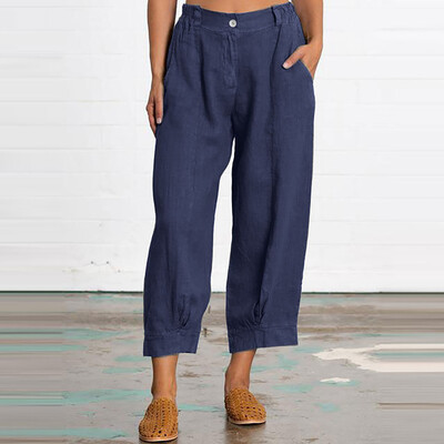 

Tailored Fashion Womens Plus Size Pocket Zipper Button Loose Cotton Linen Splice Pants