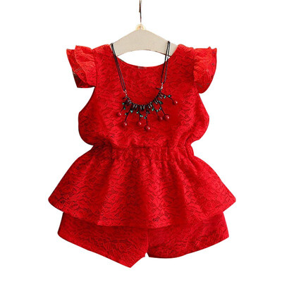 

Little-Seven Baby 2019 New Korean version of the waist girl lace suit Tops Shorts childrens wear 6661