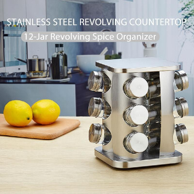 

Revolving Countertop Spice Rack 12-Jar Revolving Spice Organizer Stainless Steel Rotating Spice Tower with Free Spice Refills