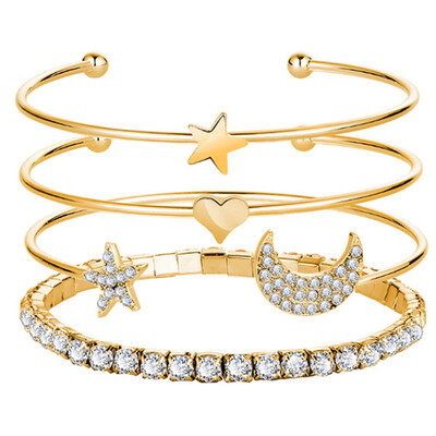 

4pcsset New Opening Crystal Moon Star Bangle Heart Bracelet Set Women Jewelry