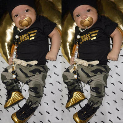 

2Pcs Newborn Toddler Outfits Set Infant Baby Boy Clothes T-shirt TopsCamo Pants