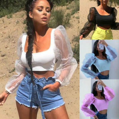 

Fashion Women Ruffled Mesh Sleeve Low Cut Solid Casual Club Organza Top Crop Top