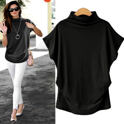 

Nomeni Women Turtleneck Short Sleeve Cotton Solid Casual Blouse Top T Shirt Plus BKL