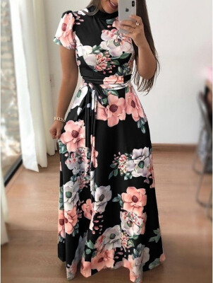 

New Fashion Women Floral Print Short Sleeve Beach Lady Evening Party Long Maxi Dress Design