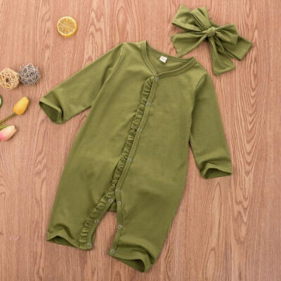 

Unisex Newborn Baby Romper Long Sleeve Ruffle Solid Color Cotton Jumpsuit Bowknot Headband Playsuits