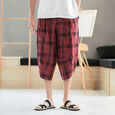 

Gobestart Mens Fashion Loose Summer Casual Plaid Cotton Linen 34 Pants Trousers