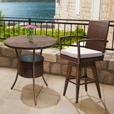 

Outdoor Wicker Swivel Bar Stool Chair w Seat Cushion