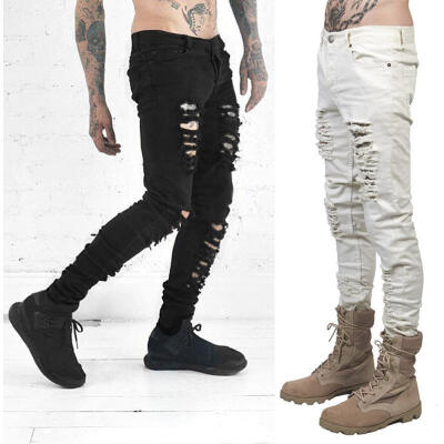 

Fashion Men´s Black Skinny Slim Fit Jeans Distressed Ripped Destroyed Holes Denim Pants