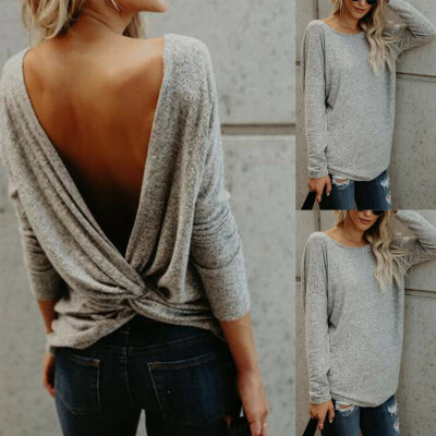 

Womens Sexy Long Sleeve T-Shirt Twisted V Open Back Backless Top Blouse