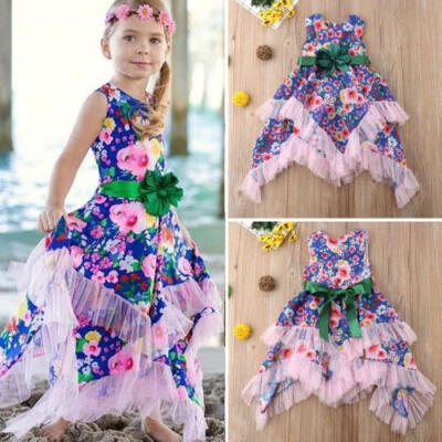 

Fashion Infant Toddler Kids Baby Girls Flower 3D Tulle Floral Bow Belt Party Pageant Dress Sundress