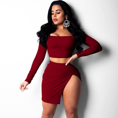 

Women Two Piece Set Crop Top Skirt Off Shoulder High Waist Split Mini Bodycon Sexy Night Clubwear