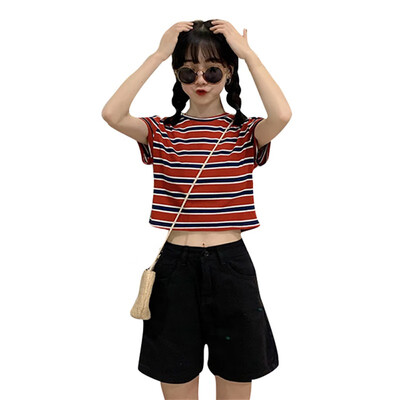 

Summer Womens Style Elegant Design Casual O Neck Striped Short Sleeve Stretch Pullover Crop Top T-Shirt