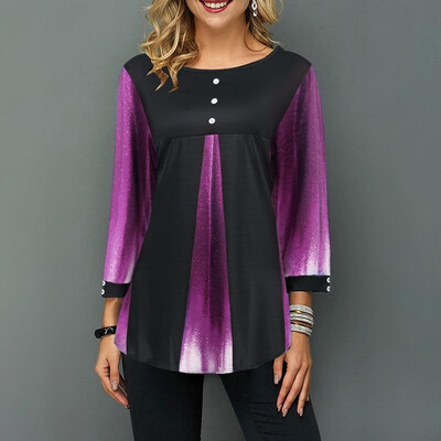 

Women Blouse Splice Color Block Round Neck Long Sleeve Loose Button Asymmetry Hem T-shirt Tee Tops