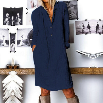 

Tailored Women Casual Plus Size Cotton Linen Button Turn down collar Long Sleeve Dress