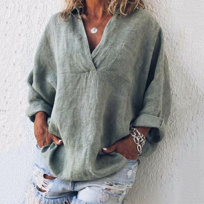 

Women V Neck Casual Loose Long Sleeve Blouse Cotton Linen T Shirt Tops Summer