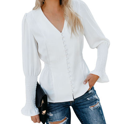 

Women Autumn Fashion Concise Solid Color All-match V-neck Long Sleeve Slim Fit Shirts