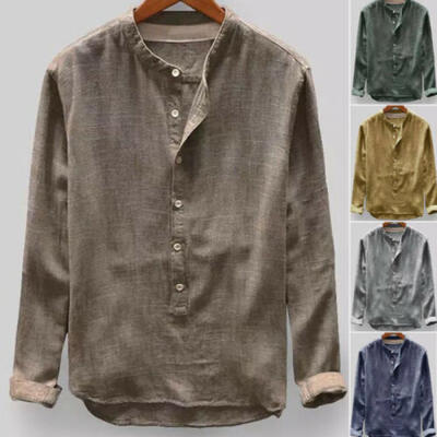 

Summer Mens Linen Long Sleeve Button Shirt Loose Casual Shirts Tops New