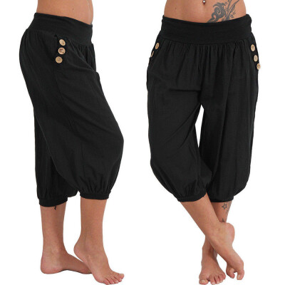 

Starmoon Women Summer Elastic Waist Boho Check Pants Baggy Wide Leg Plus Size Yoga Capris