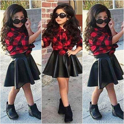 

2018 New Summer Fashion2Pcs Toddler Kids Girls Long Sleeve Plaid Tops Shirt Leather Skirt Dress Outfits