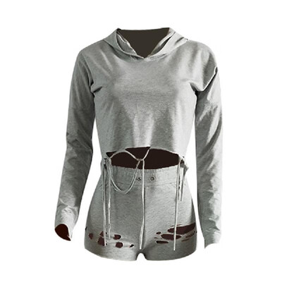 

New Women Two Piece Outfits Hooded Sweatsuit Cropped Pants Hole Hip Hop Bodysuit Grey