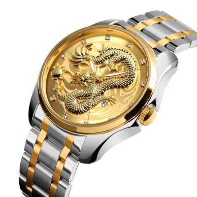 

Gobestart Golden Dragon Diamond Calendar Waterproof Mens Steel Belt Quartz Watch