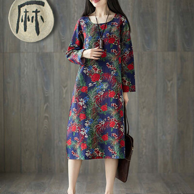 

Tailored Fashion Women Plus Size Folk-Custom Loose Floral Printed Cotton And Linen Dress