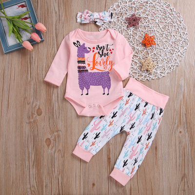 

Spring Baby Girl Animal Print long Sleeve Romper Tops Casual Trousers with Headband Outfits Set 3pcs Fashion Leisure Suits