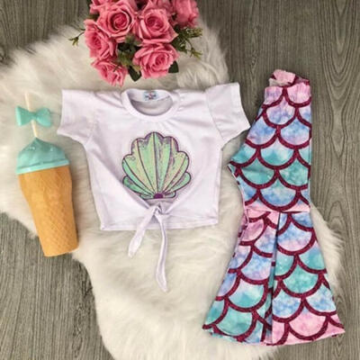 

US 2PCS Toddler Kids Baby Girl Summer Mermaid Tops Flared Pants Outfits Sunsuit