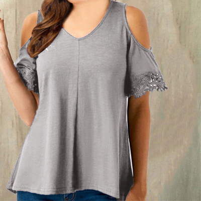 

Starmoon Women Plus Size Casual Solid V Neck Lace Daily Short Sleeve Tops Shirt Blouse