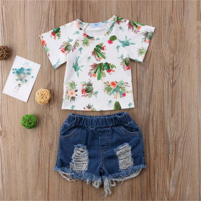 

Toddler Kids Baby Girls Floral Tops T-shirt Denim Pants Shorts Outfits Clothes