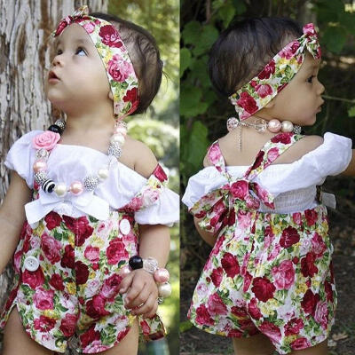 

Kids Baby Girl Clothes Off Shoulder Tops T-shirtFloral Overalls Short PantsHeadband 3Pcs Sets Summer Outfits Set