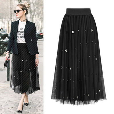 

Roseonmyhand Women Spring Summer Elastic High Waist Long Mesh Skirt Womens Tutu Maxi Pleated