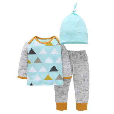 

3pcs Winter Toddler Clothing Set Boys Warm Triangle Print Tops Pants Hat