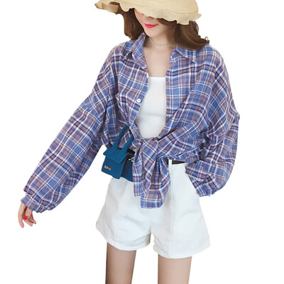 

Women Vintage Plaid Print Chiffon Shirt Loose Single-breasted Cotton Long Sleeve Lapel Blouse