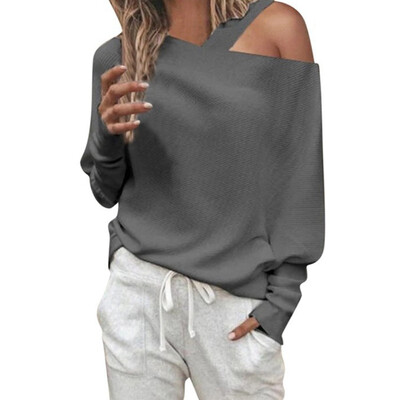 

Women Autumn Solid Color T Shirt Irregular Casual Vacation Elegant Tops Plus Size Off Shoulder Blouses