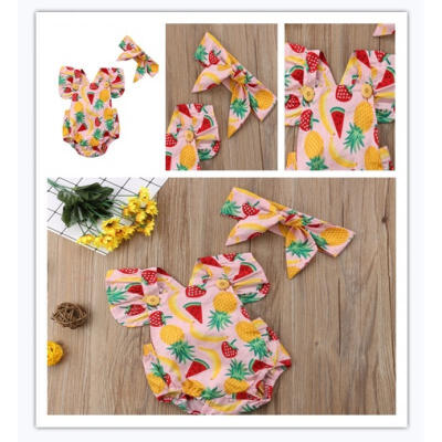 

2PCS Summer Baby Girls Fruit Print Romper Bodysuit Jumpsuit Headband Outfits