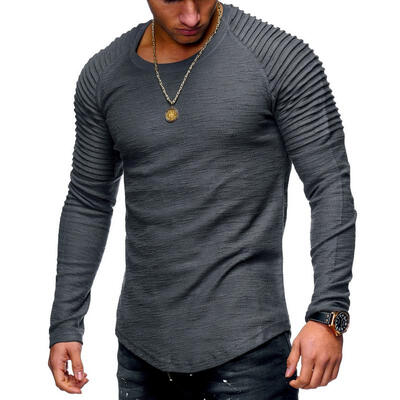

Fashion Mens Round Neck Slim Solid Color Long-sleeved T-shirt Folding Hip-Hop Casual T-Shirt Tops For Men