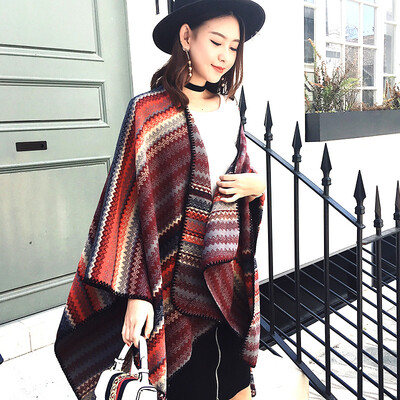 

Autumn&winter new Korean literary wavy striped slit scarf thick warm big shawl fashion cloak jacket female