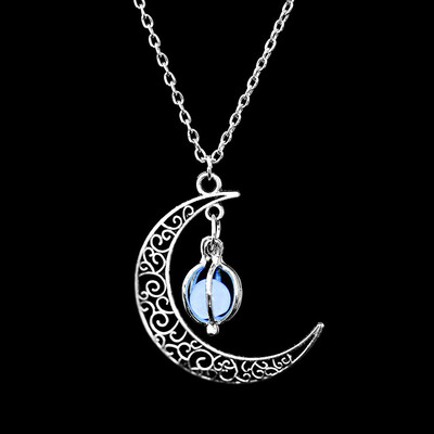 

2019 Moon Glowing Necklace Gem Charm Jewelry Silver Plated Women 4 Colors Stone Beads Pendant Hollow Luminous Necklace Gifts