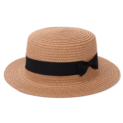 

Lady Boater Sun Caps Ribbon Round Top Straw Beach Hat Summer for Women Straw Hats Handmade