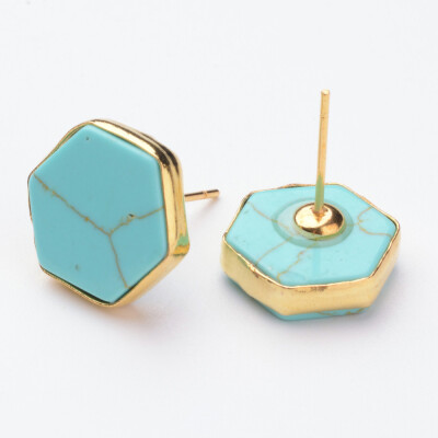 

Synthetic Turquoise Ear Studs with Real 18K Gold Plated Pin Hexagon 14x13x5mm Pin 08mm