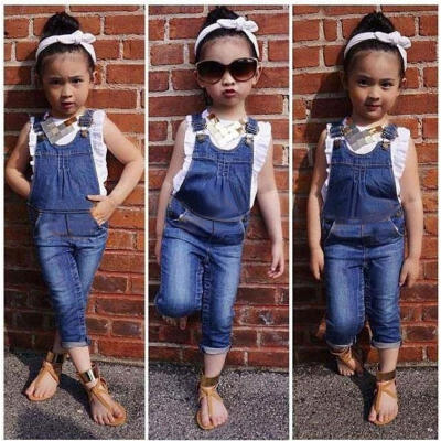 

Sleeveless Girls Clothes Set Ruffle Vest Jeans dungarees 2pcs Outfits Age 2-7Years