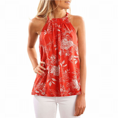 

Printed T-shirt womens high collar sleeveless vest slim shirt