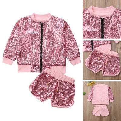 

Autumn Toddler Kid Baby Girl Sequin Zipper Top Coat Jacket Shorts Pants Outfits
