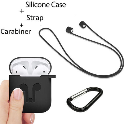 

3in1 Silicone Case for Apple AirPods Wireless BT Headset Protective Storage Box Cover Pouch Carabiner Lanyard