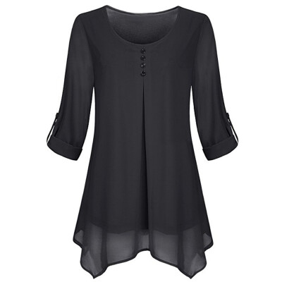 

Tailored Womens Roll-up Daily Long Sleeve Round Neck Layered Chiffon Flowy Blouse Tops