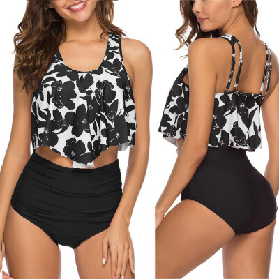 

Roseonmyhand Women Two Piece Plus Size Sexy Backless Halter Beach Printed Swimwear Set