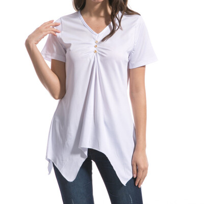 

Nomeni Women Summer V-neck Short Sleeve Swallowtail Hem T-shirts Slim Tops Blouse