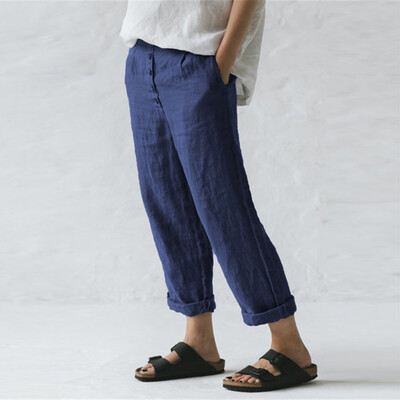 

2019 Women Casual Cotton Linen Pants Straight Pocket Button Long Trousers M2XL