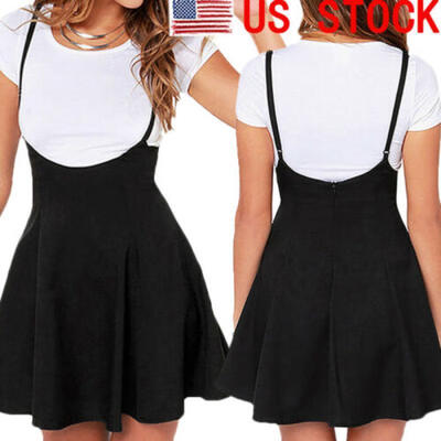 

US Womens High Waist Strap Mini Skirt Pleated Skater Flare Suspender Dress new